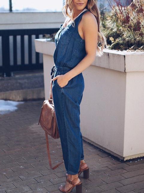 Slim Sleeveless Waist Denim Jumpsuit