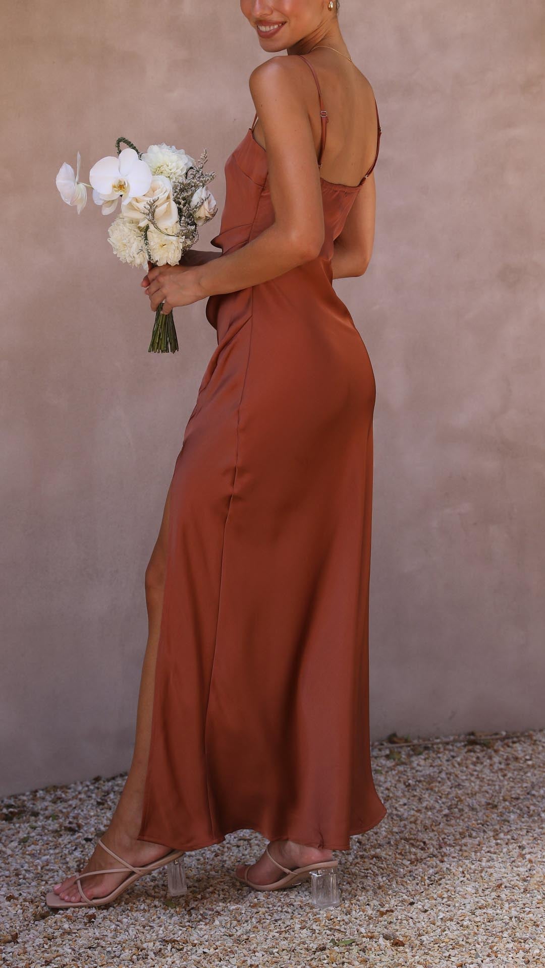 Square Neck Satin Pleated Maxi Dress