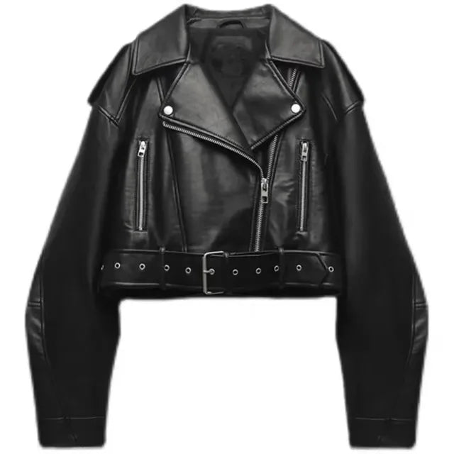 Women's Cropped Faux Leather Biker Jacket With Tailored Waist