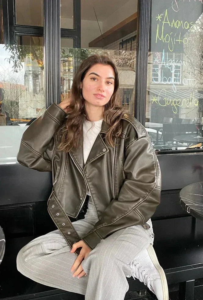 Women's Cropped Faux Leather Biker Jacket With Tailored Waist