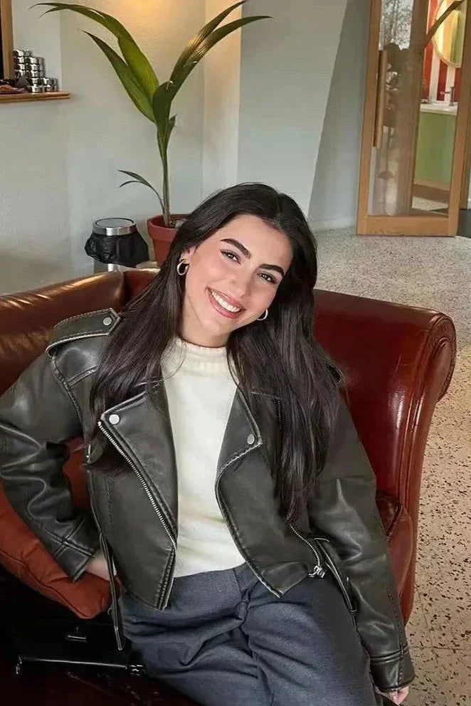 Women's Cropped Faux Leather Biker Jacket With Tailored Waist