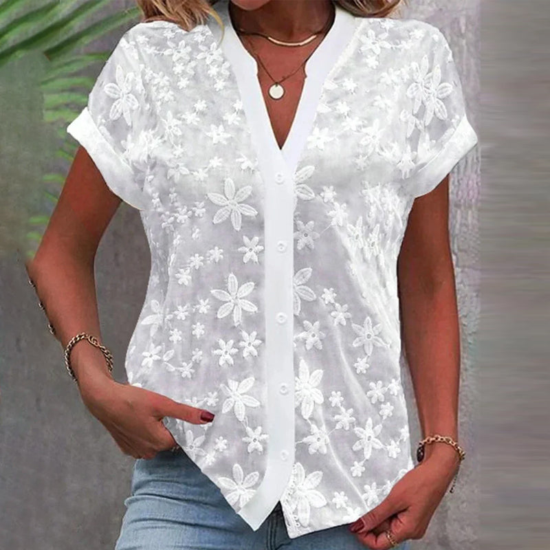 Short-sleeved floral blouse with V-neck