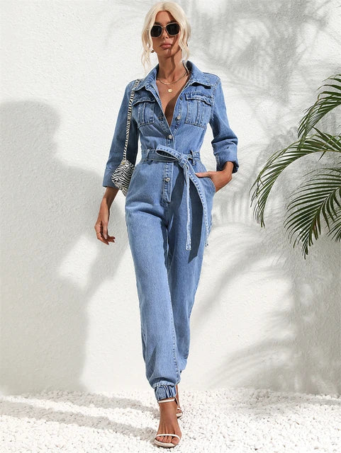 Casual Denim Jumpsuit With Belt and Long Sleeves for Women
