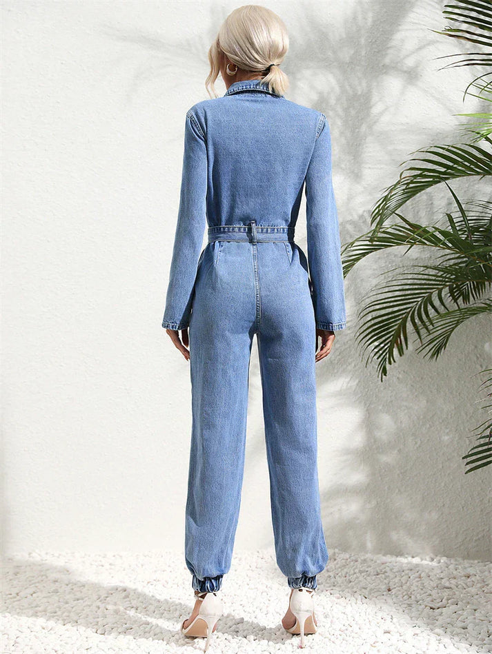 Casual Denim Jumpsuit With Belt and Long Sleeves for Women