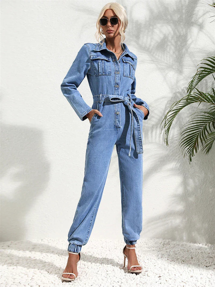 Casual Denim Jumpsuit With Belt and Long Sleeves for Women