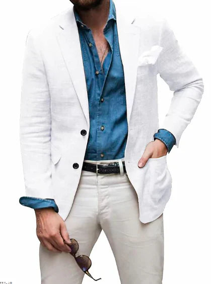 Men's Linen Blazer Beach Wedding Casual Tailored Fit Solid Color Single Breasted Two Buttons