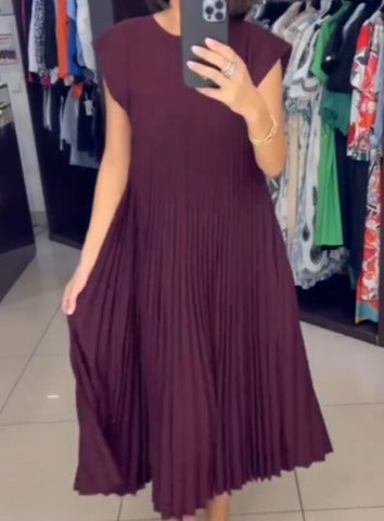 Elegant Pleated Dress Solid Color Sleeveless