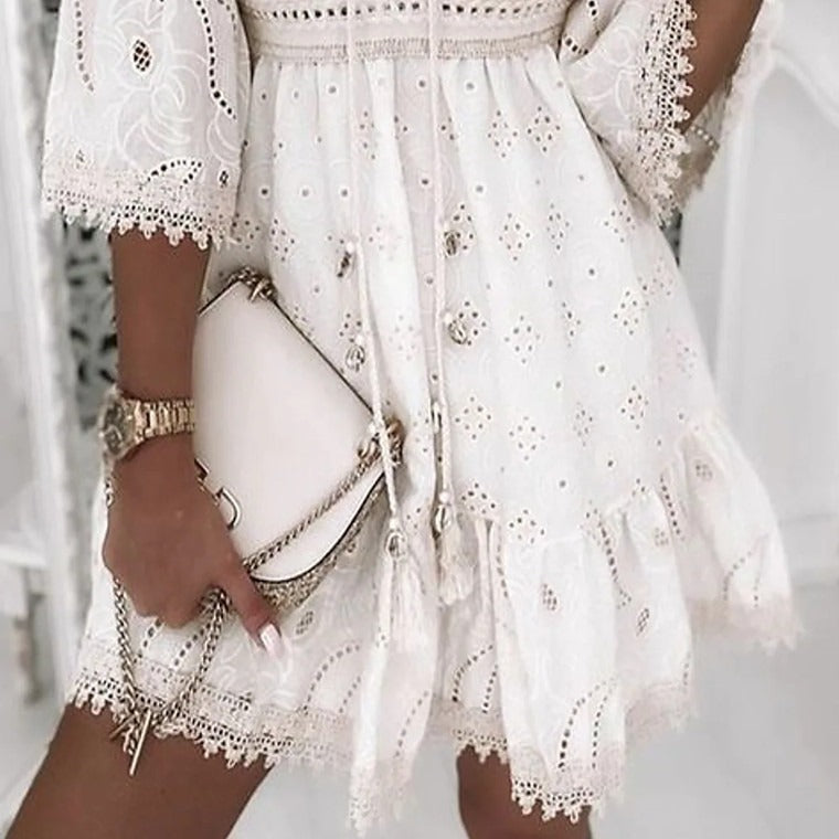 Boho lace embroidered dress with oversized sleeves for women