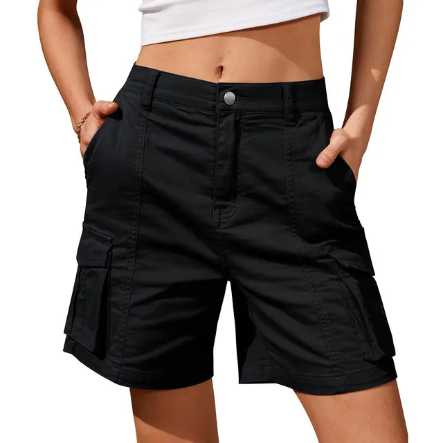Women's Vintage Cargo Shorts: Elastic Waist And 6 Pockets