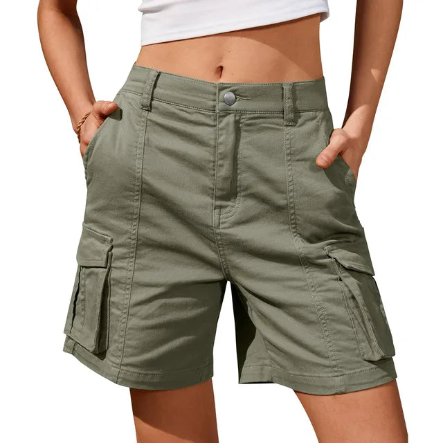 Women's Vintage Cargo Shorts: Elastic Waist And 6 Pockets