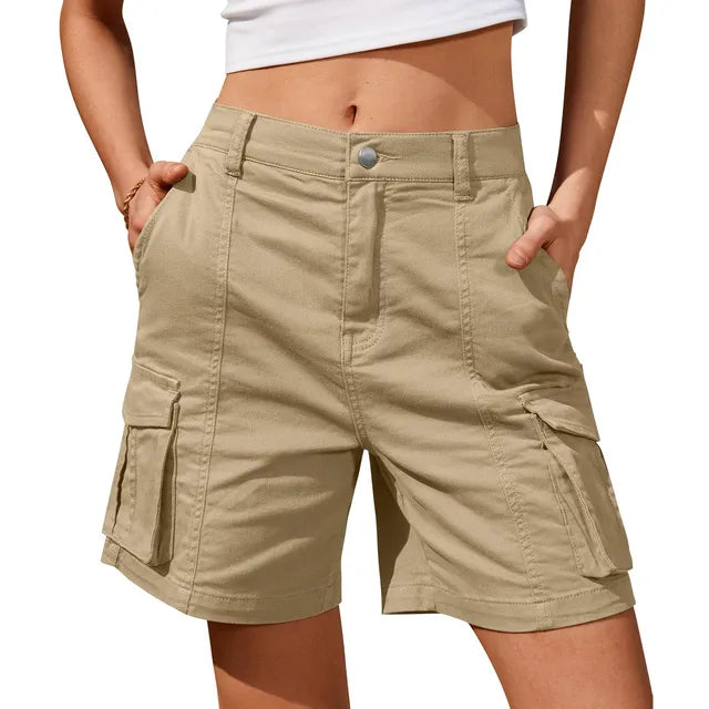 Women's Vintage Cargo Shorts: Elastic Waist And 6 Pockets
