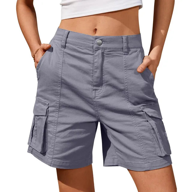 Women's Vintage Cargo Shorts: Elastic Waist And 6 Pockets