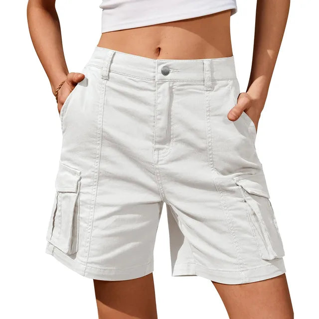 Women's Vintage Cargo Shorts: Elastic Waist And 6 Pockets