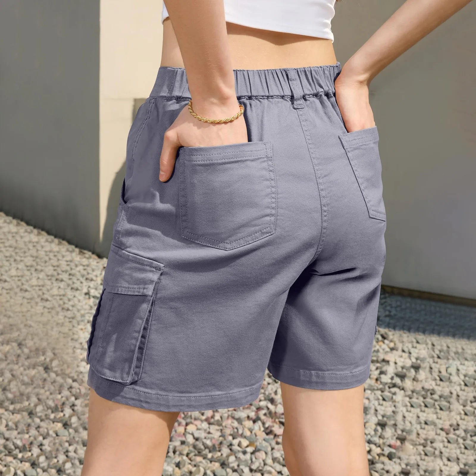 Women's Vintage Cargo Shorts: Elastic Waist And 6 Pockets