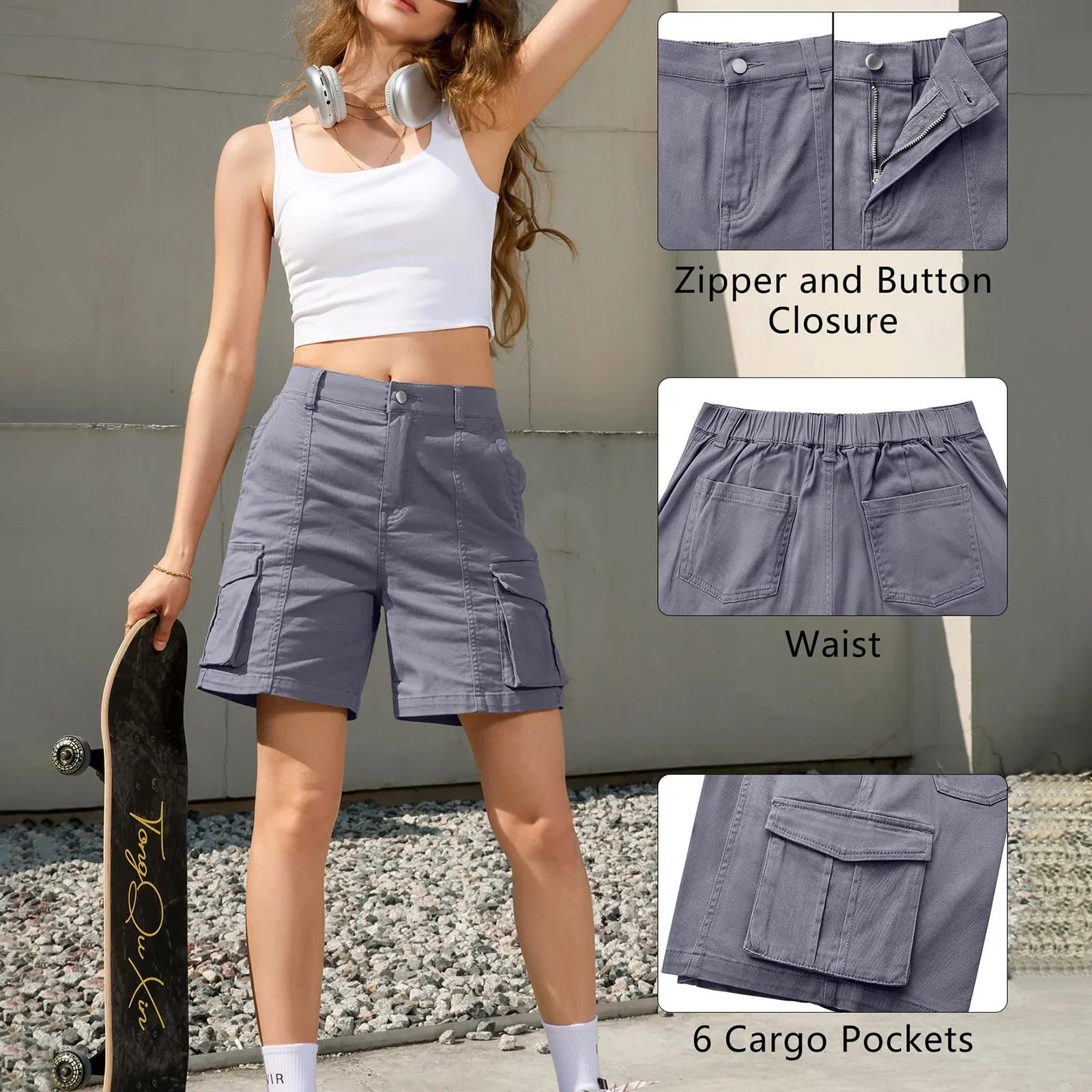 Women's Vintage Cargo Shorts: Elastic Waist And 6 Pockets