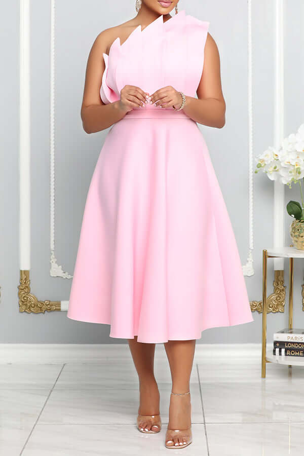 One Shoulder Midi Dress Elegant A-line Fit Sculpted Details Formal Wear