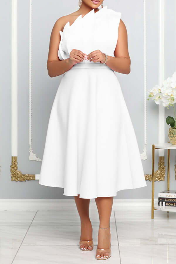 One Shoulder Midi Dress Elegant A-line Fit Sculpted Details Formal Wear