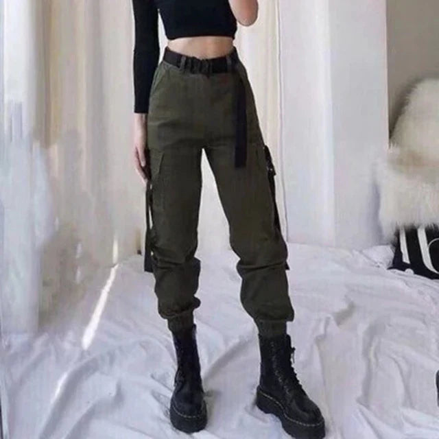 High Waist Elastic Cargo Pants