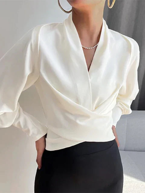 Satin blouse with V-neck and puff sleeves for women