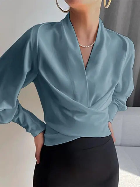 Satin blouse with V-neck and puff sleeves for women