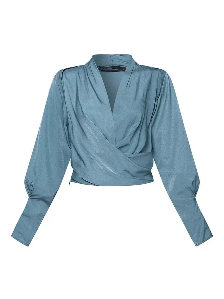 Satin blouse with V-neck and puff sleeves for women