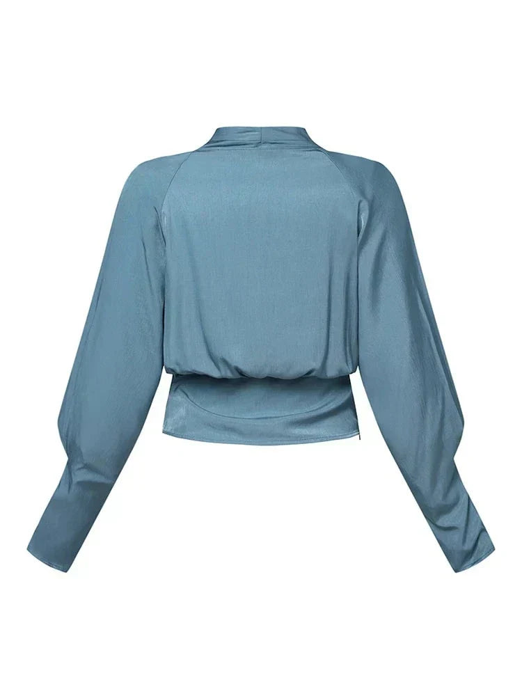 Satin blouse with V-neck and puff sleeves for women