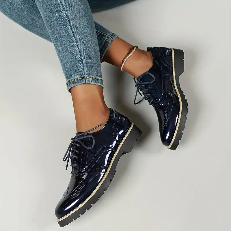 Patent Leather Oxford Style Shoes With Chunky Sole For Women