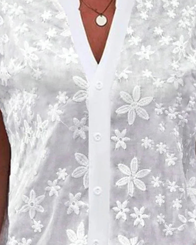 Short-sleeved floral blouse with V-neck
