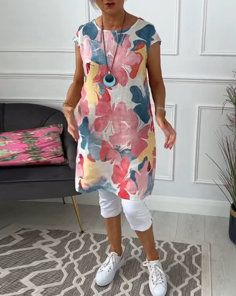 Casual Longtop with Colorful Floral Print