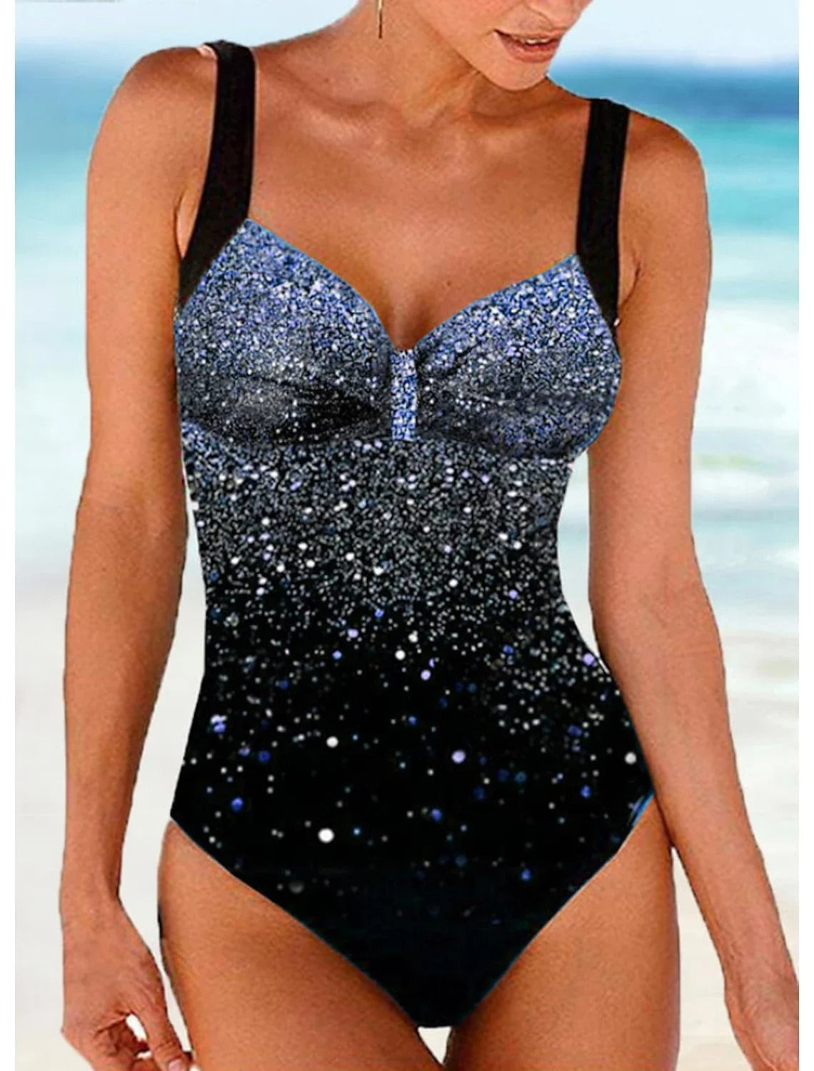 Swimsuit With Shoulder Strap And Sequin Print With Gradient