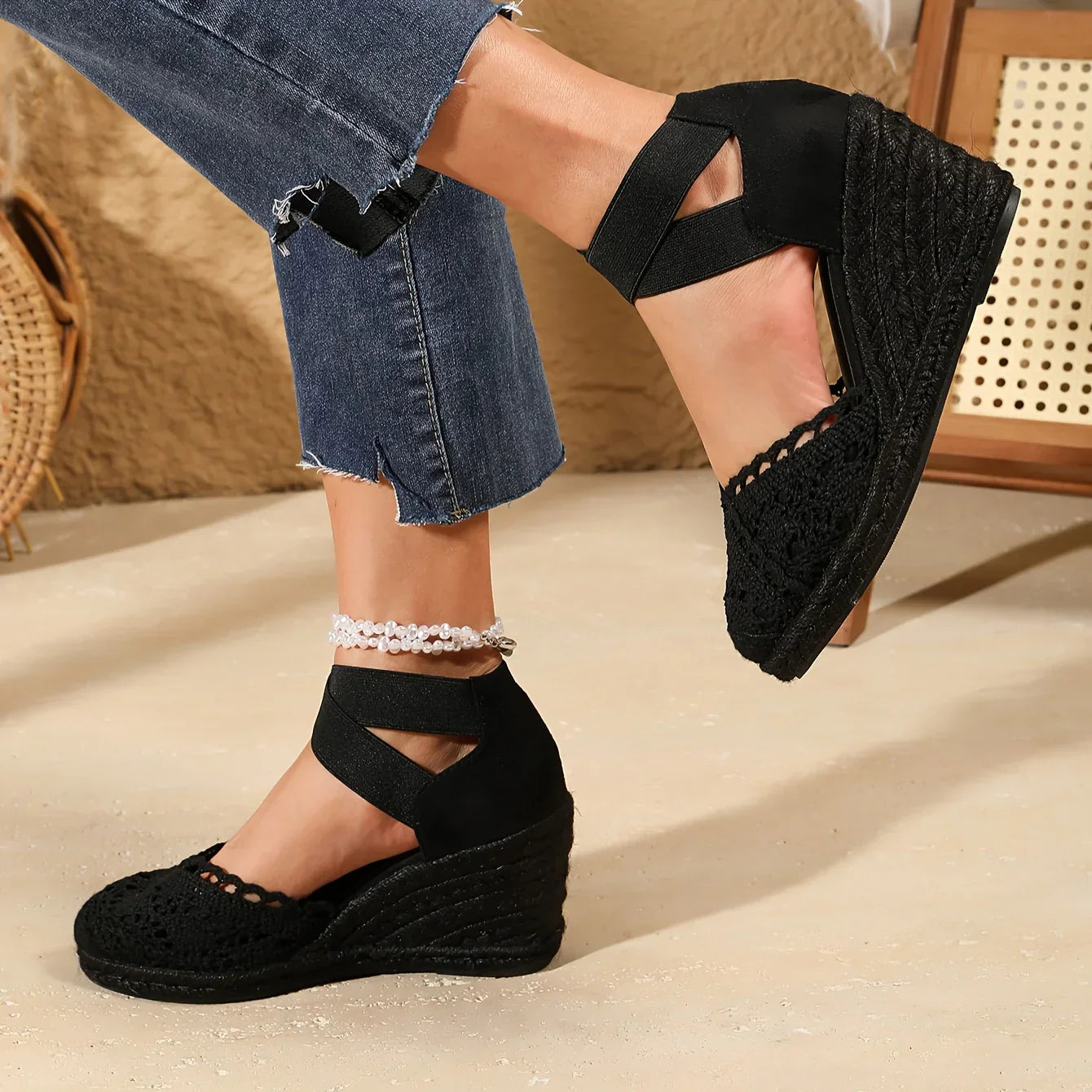 Elegant Wedge Sandals with Crochet Tip