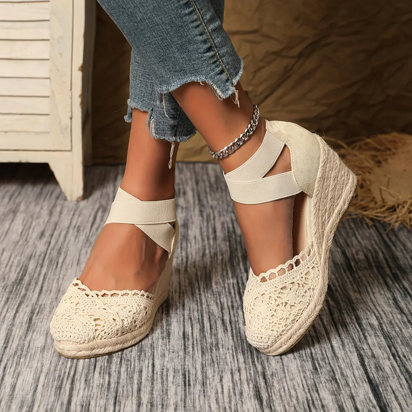 Elegant Wedge Sandals with Crochet Tip