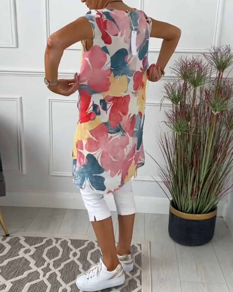 Casual Longtop with Colorful Floral Print