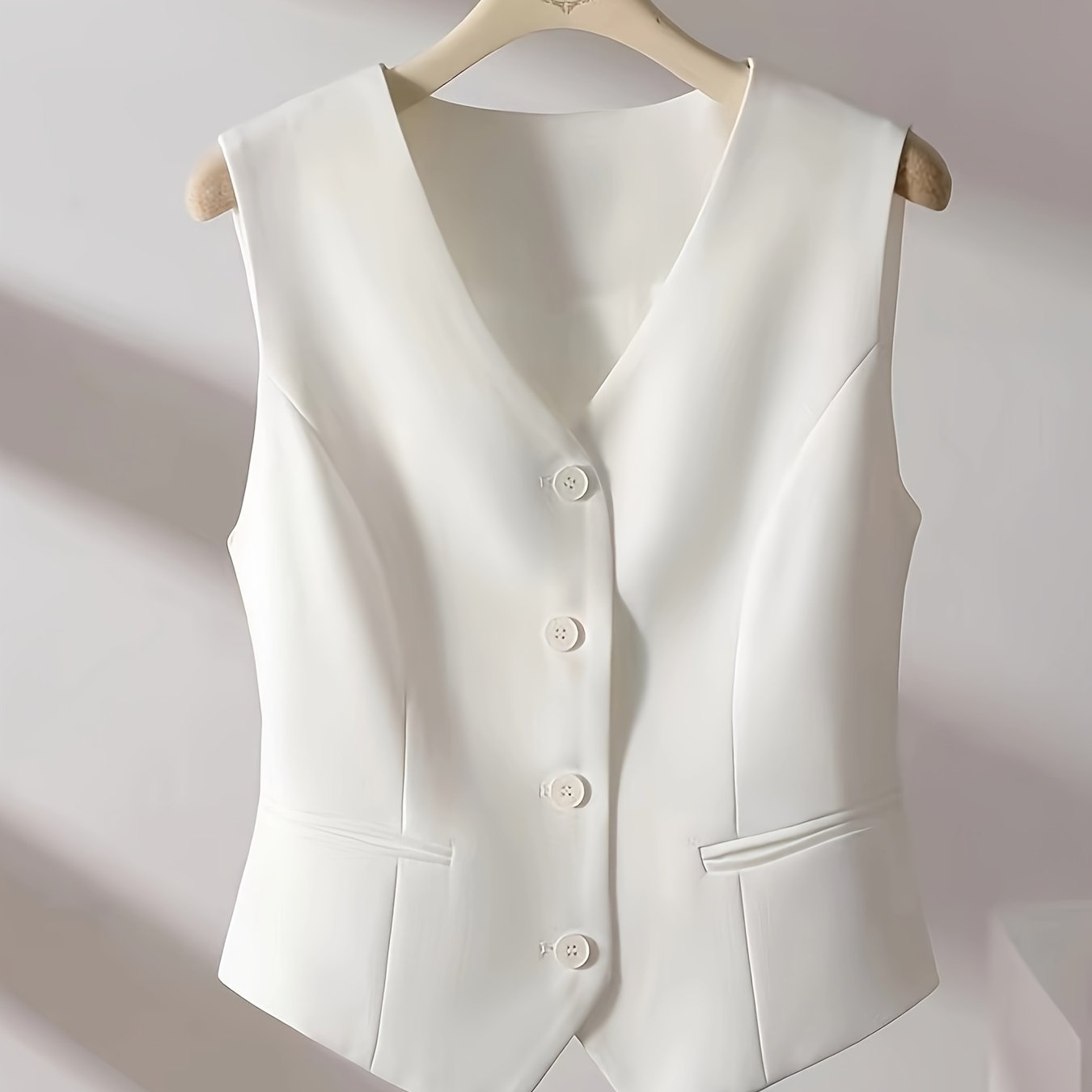 Solid Color Sleeveless Vest With V-neckline And Button Closure