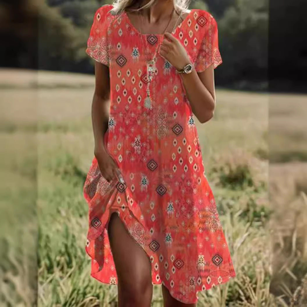 Short-sleeved Green Mini Dress With Dots