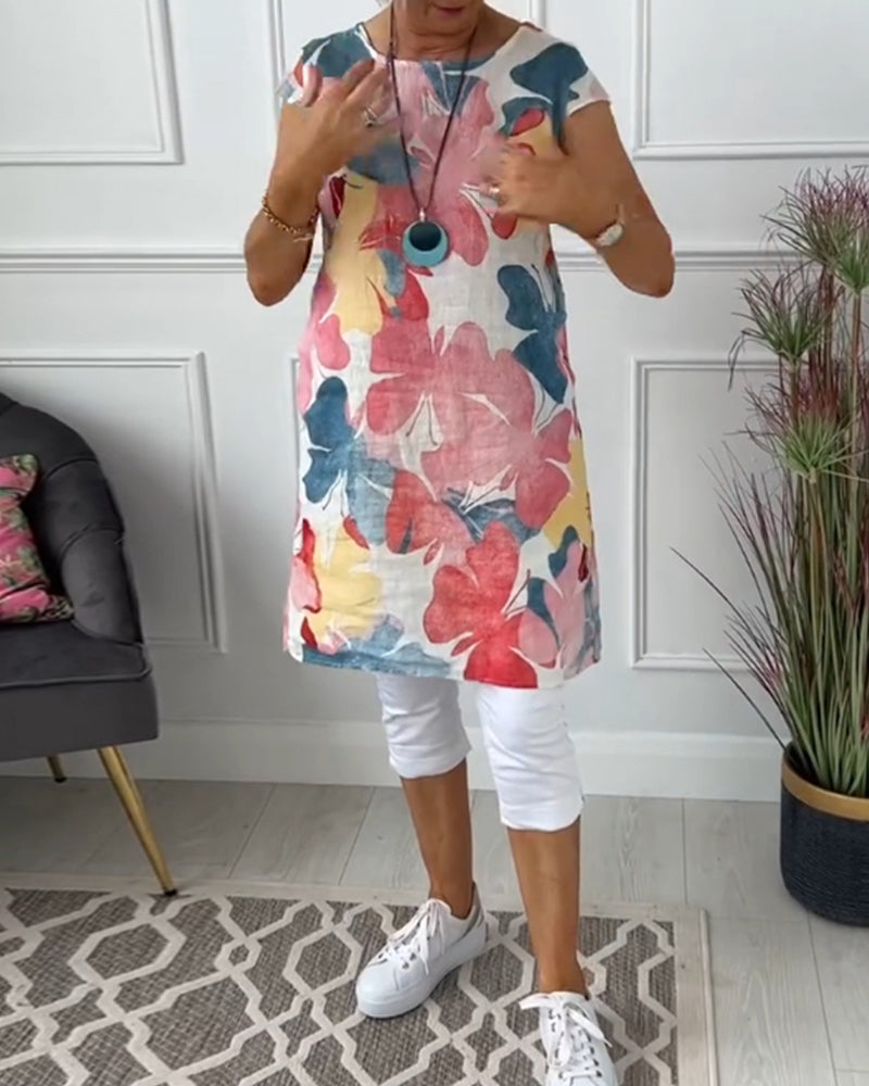 Casual Longtop with Colorful Floral Print