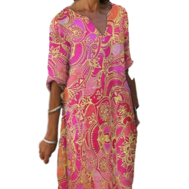 Casual Colorful Paisley-Inspired Dress with Three-Quarter Sleeves and V-Neck