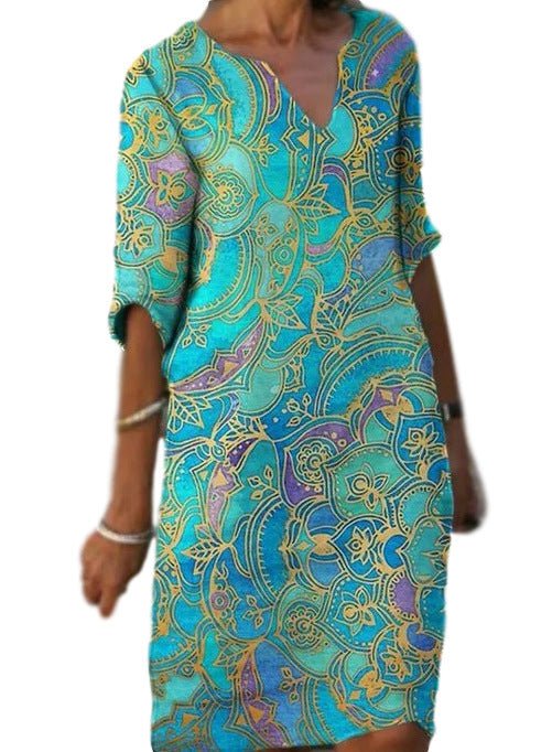 Casual Colorful Paisley-Inspired Dress with Three-Quarter Sleeves and V-Neck
