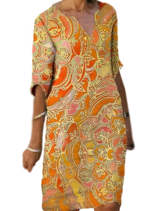 Casual Colorful Paisley-Inspired Dress with Three-Quarter Sleeves and V-Neck
