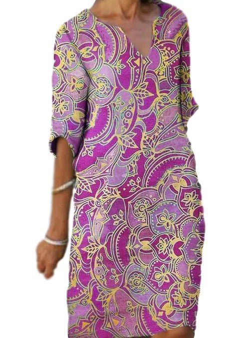 Casual Colorful Paisley-Inspired Dress with Three-Quarter Sleeves and V-Neck