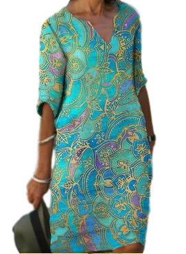 Casual Colorful Paisley-Inspired Dress with Three-Quarter Sleeves and V-Neck