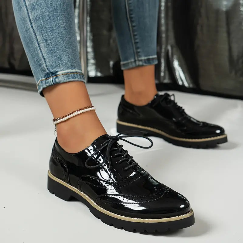 Patent Leather Oxford Style Shoes With Chunky Sole For Women