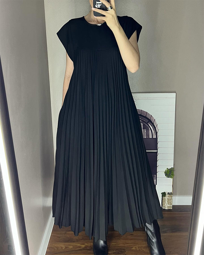 Elegant Pleated Dress Solid Color Sleeveless