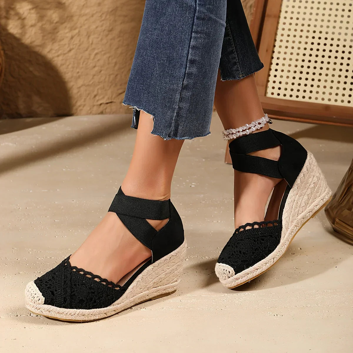 Elegant Wedge Sandals with Crochet Tip