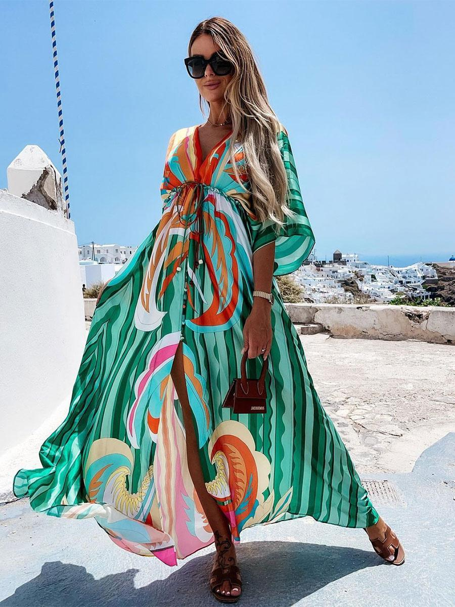 Boho Beach Dress with Sweetheart Neckline, Batwing Sleeves, Long Cut and Print