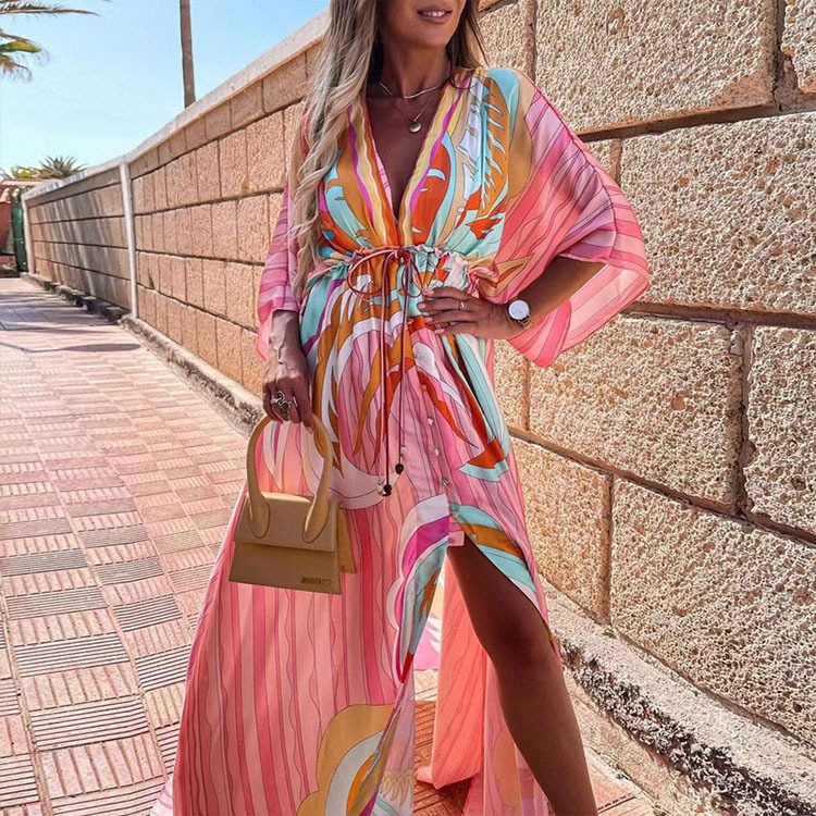 Boho Beach Dress with Sweetheart Neckline, Batwing Sleeves, Long Cut and Print