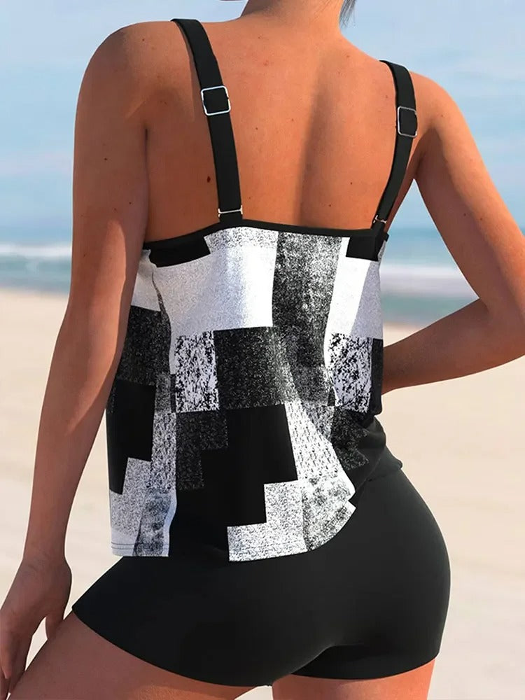 Tankini With Double Straps And Geometric Print