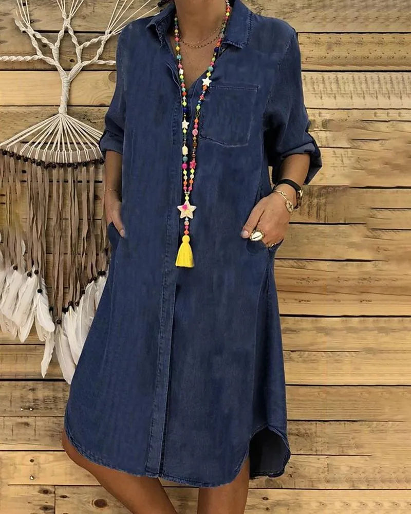 Jeans Midi Dress with Rolled Sleeves and Chest Pocket.