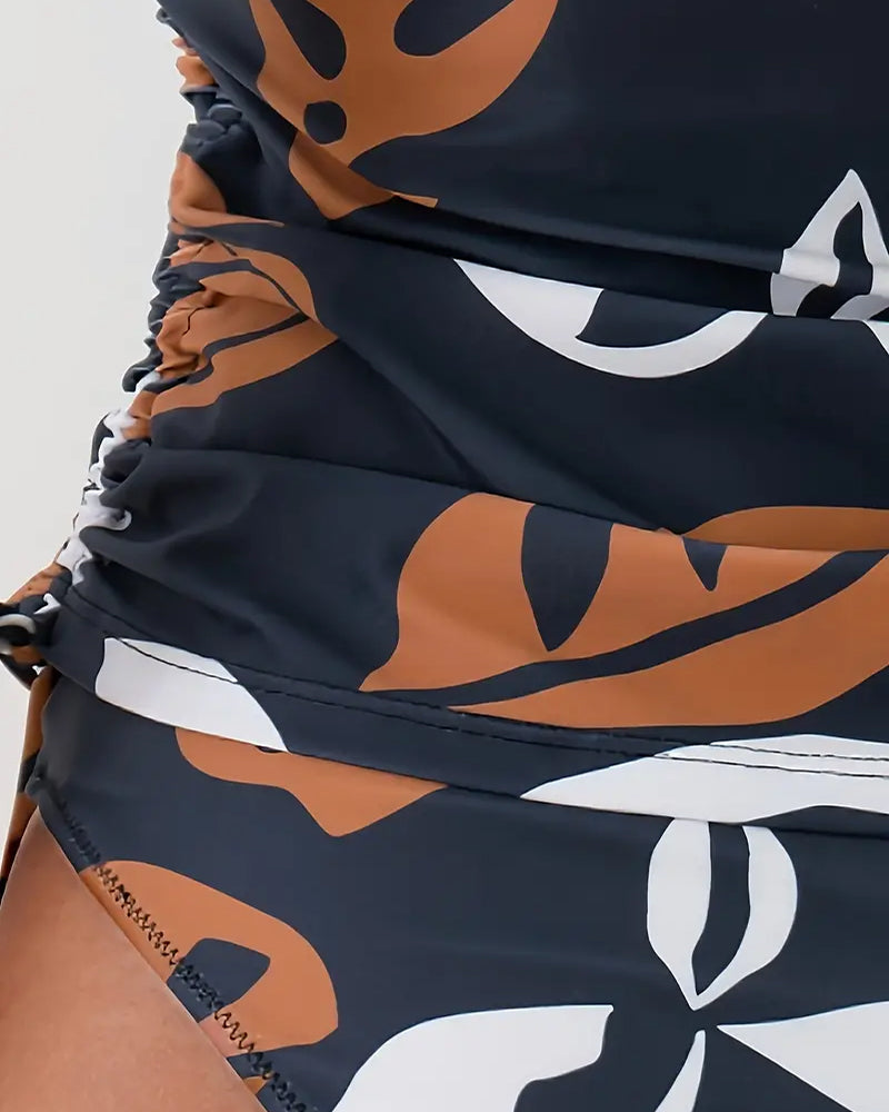 Swimsuit With Pleats And Leaf Print