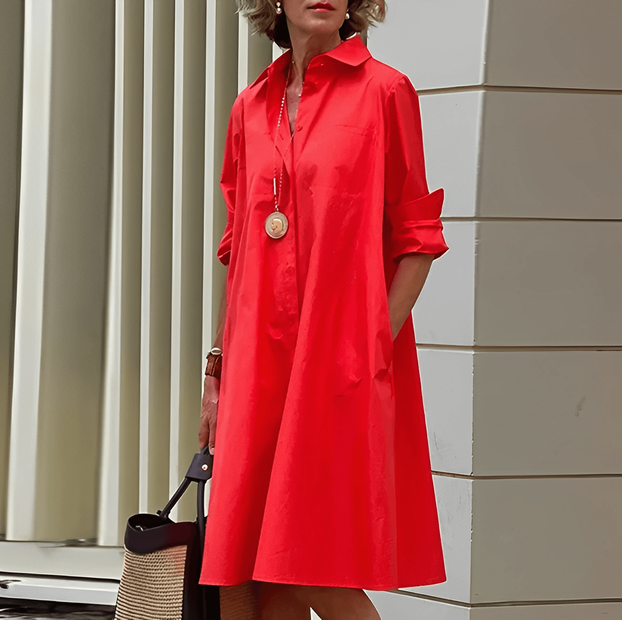 Shirt Dress With Lapel Collar & Three-Quarter Sleeves
